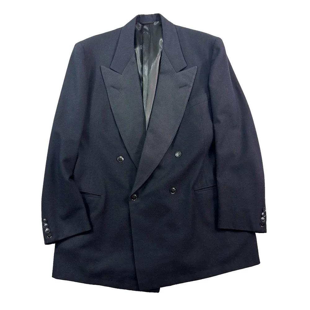 vtg 1940s Double Breasted 44L Black Tuxedo Jacket‎ Evening Formal Wool Blazer